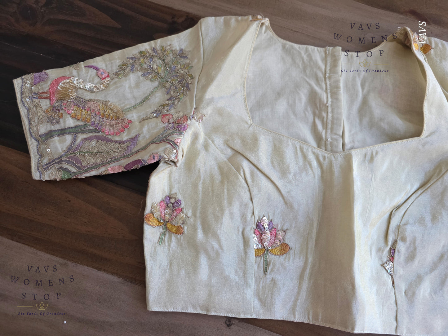 Exclusive Designer Cream Shade Blouse with Sequins & Peacock Sleeve Embroidery