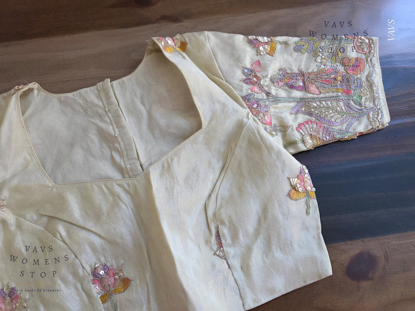 Exclusive Designer Cream Shade Blouse with Sequins & Peacock Sleeve Embroidery
