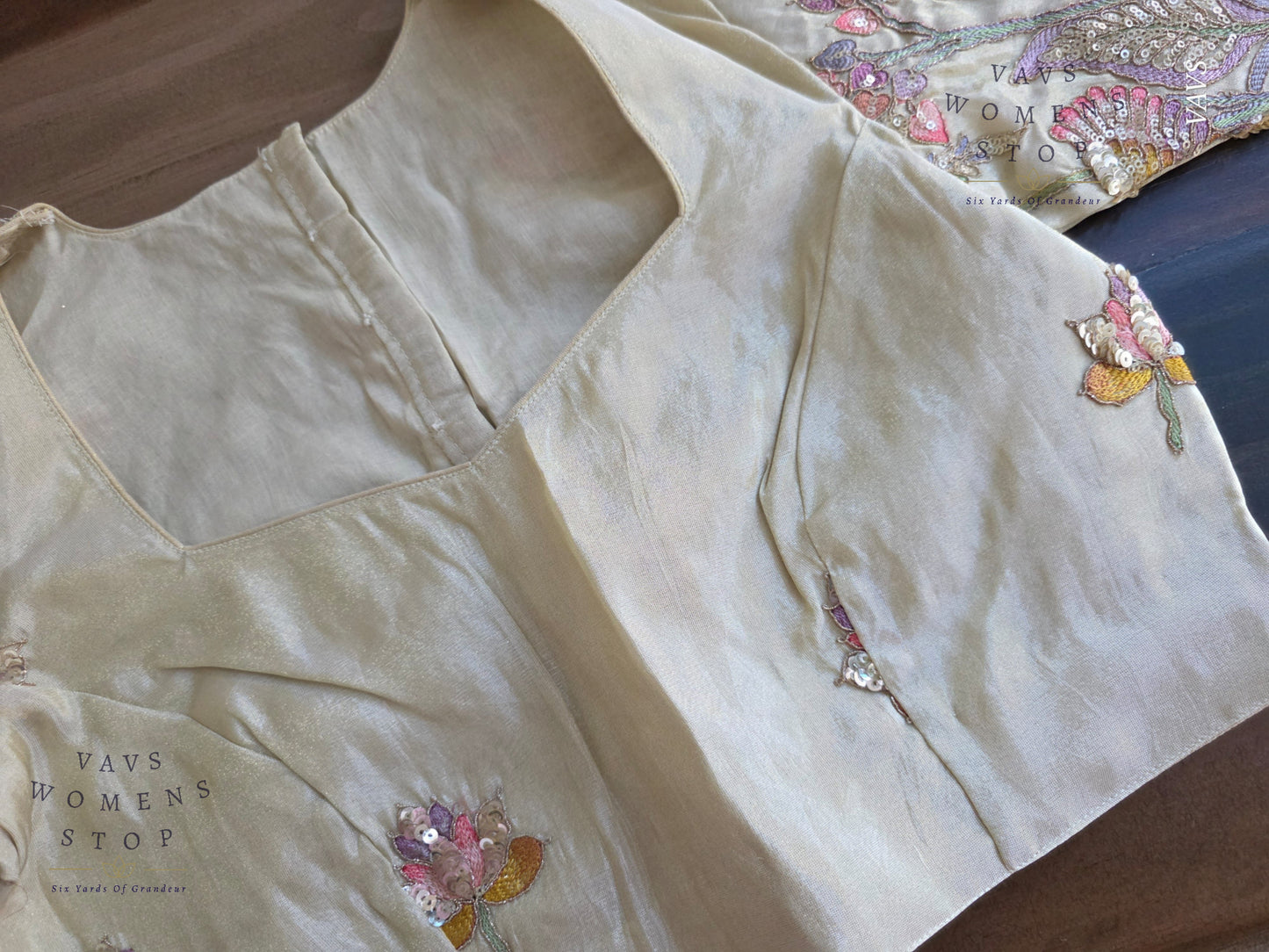 Exclusive Designer Cream Shade Blouse with Sequins & Peacock Sleeve Embroidery
