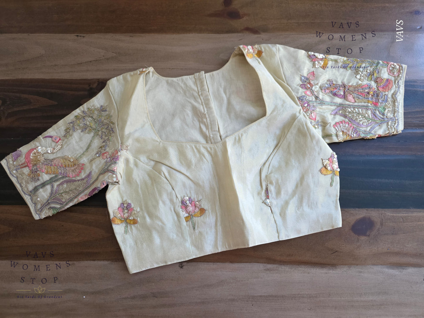 Exclusive Designer Cream Shade Blouse with Sequins & Peacock Sleeve Embroidery