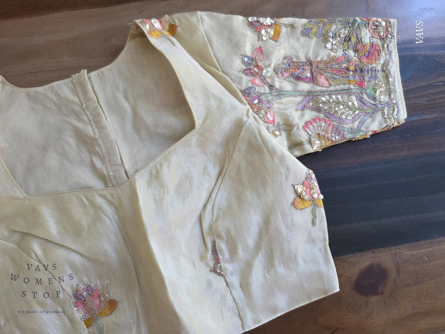 Exclusive Designer Cream Shade Blouse with Sequins & Peacock Sleeve Embroidery