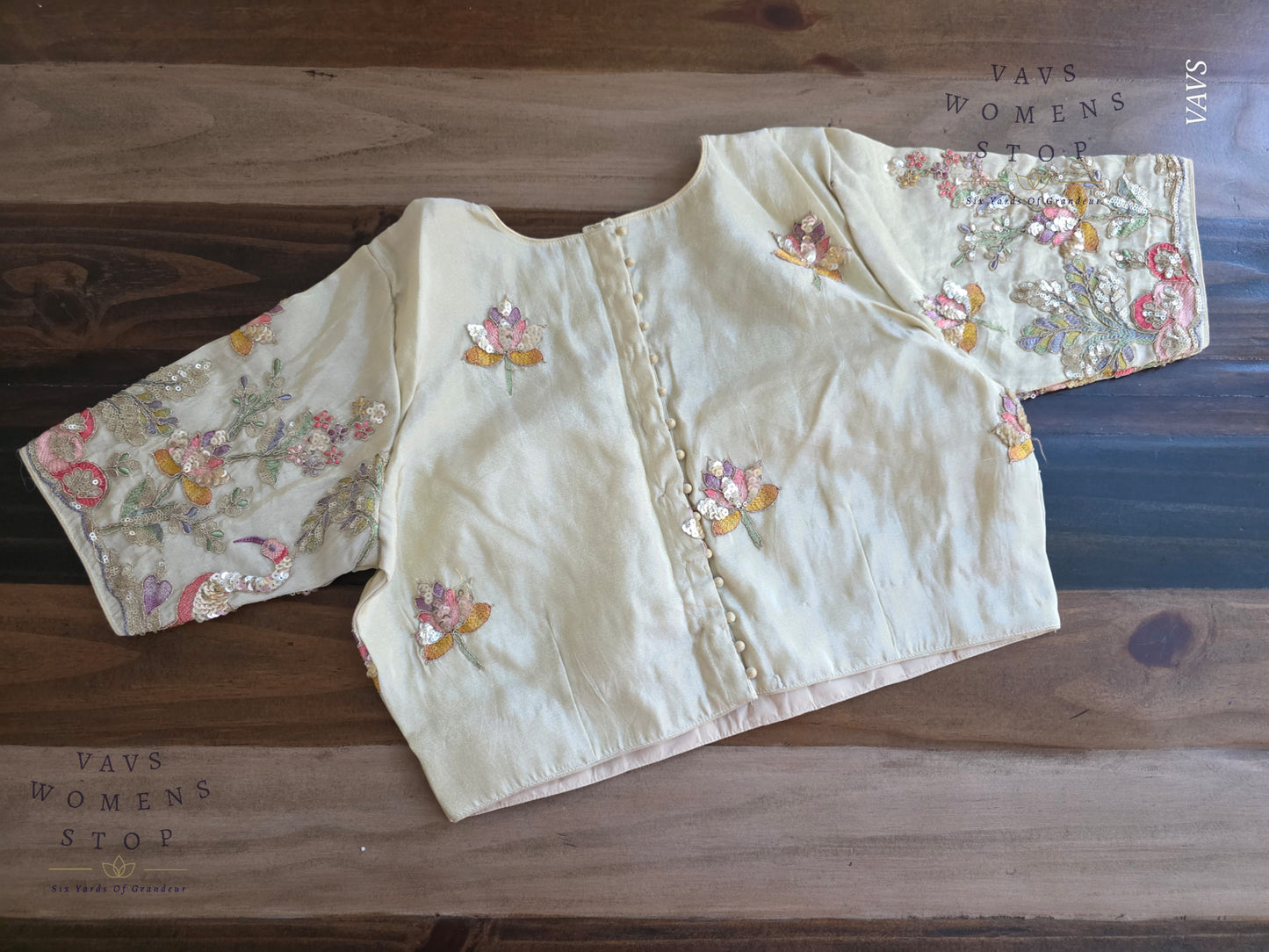 Exclusive Designer Cream Shade Blouse with Sequins & Peacock Sleeve Embroidery
