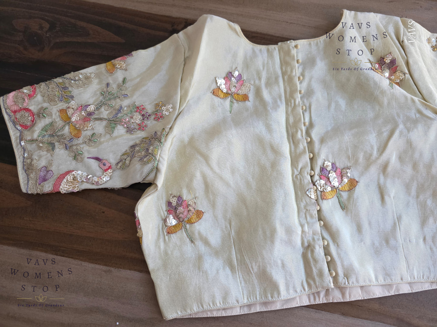 Exclusive Designer Cream Shade Blouse with Sequins & Peacock Sleeve Embroidery