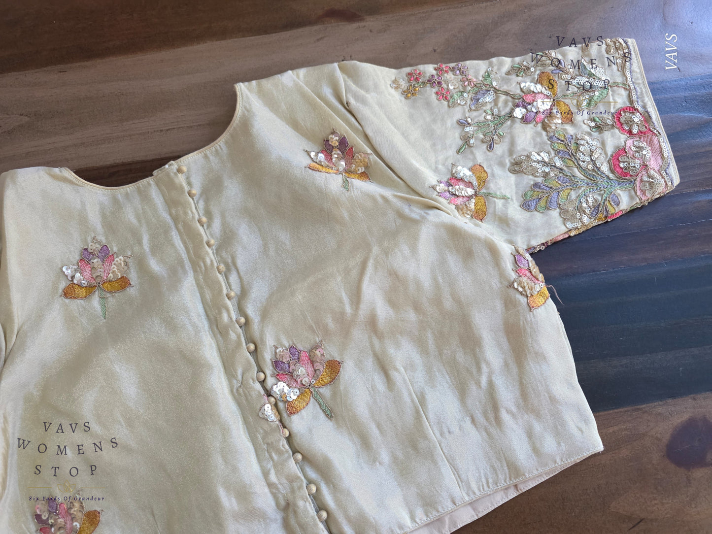 Exclusive Designer Cream Shade Blouse with Sequins & Peacock Sleeve Embroidery
