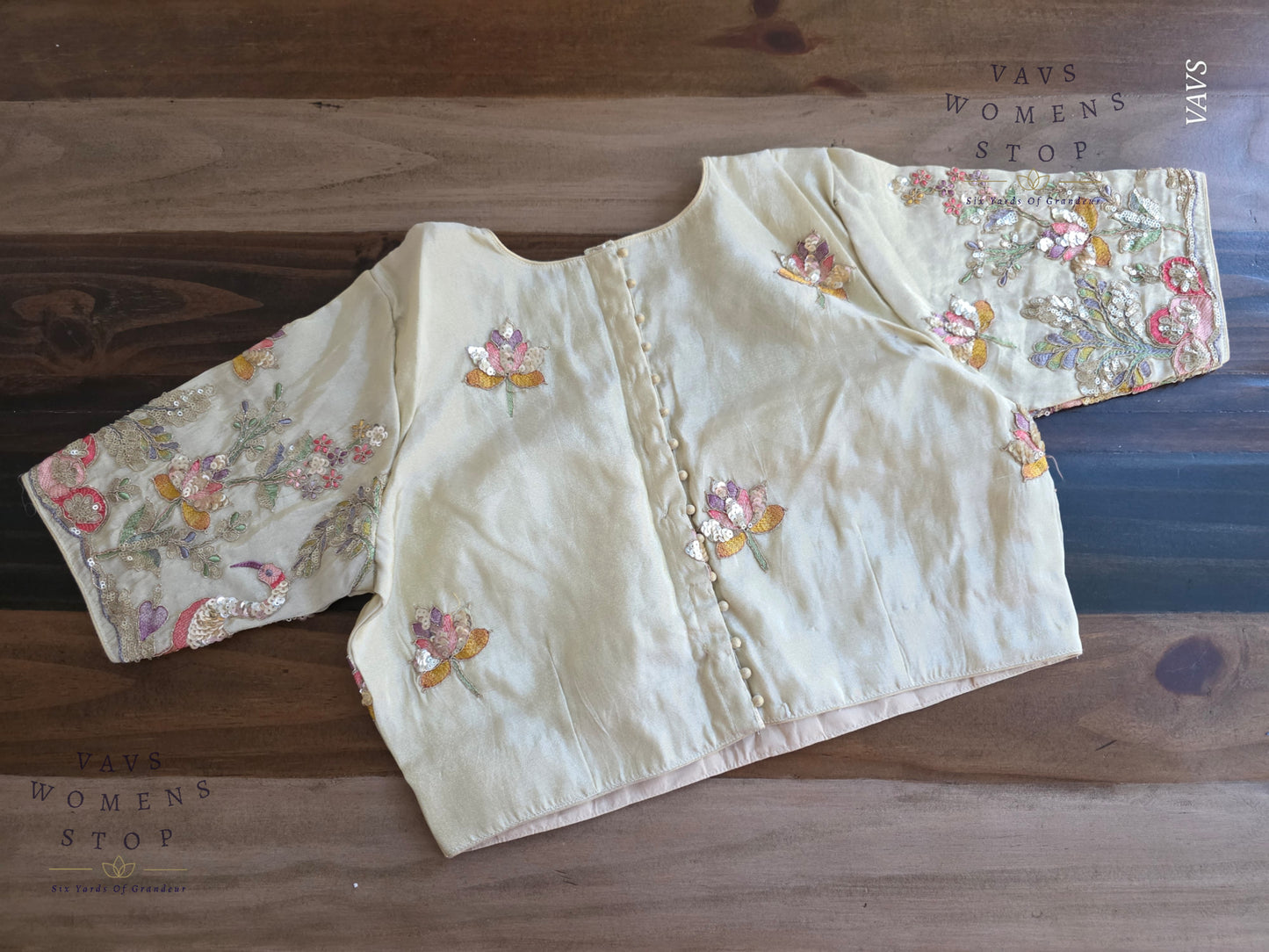 Exclusive Designer Cream Shade Blouse with Sequins & Peacock Sleeve Embroidery