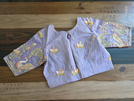 Exclusive Designer Lavender Shade Blouse with Sequins & Peacock Sleeve Embroidery