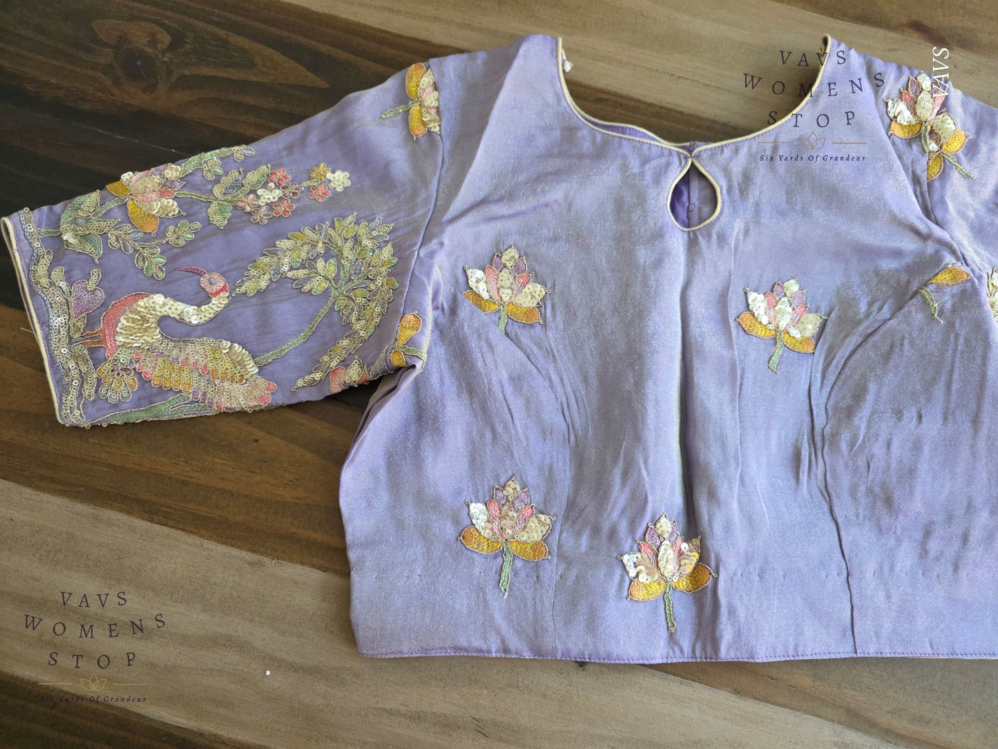 Exclusive Designer Lavender Shade Blouse with Sequins & Peacock Sleeve Embroidery