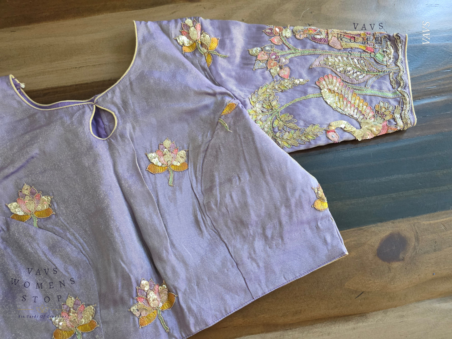Exclusive Designer Lavender Shade Blouse with Sequins & Peacock Sleeve Embroidery
