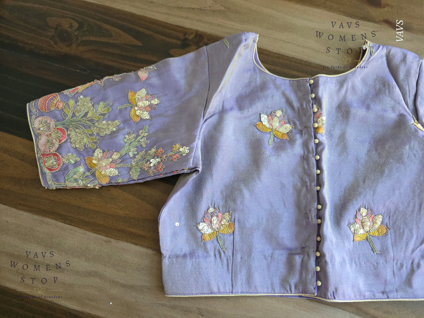 Exclusive Designer Lavender Shade Blouse with Sequins & Peacock Sleeve Embroidery