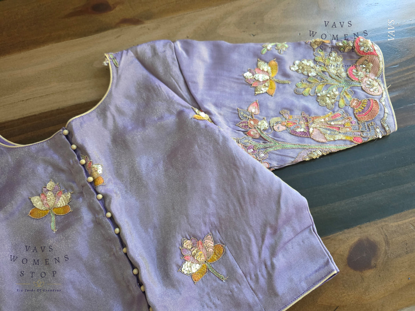 Exclusive Designer Lavender Shade Blouse with Sequins & Peacock Sleeve Embroidery