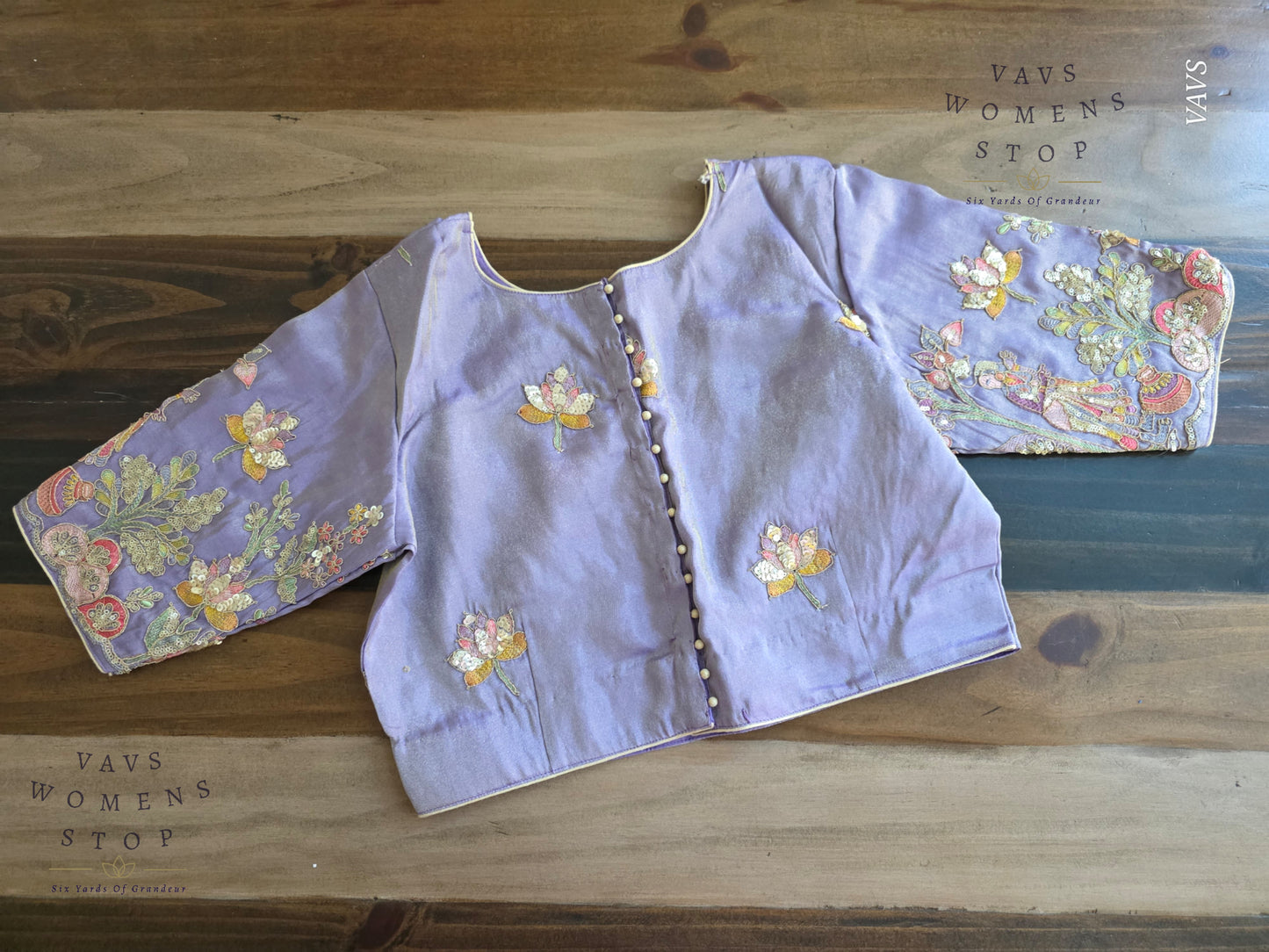 Exclusive Designer Lavender Shade Blouse with Sequins & Peacock Sleeve Embroidery