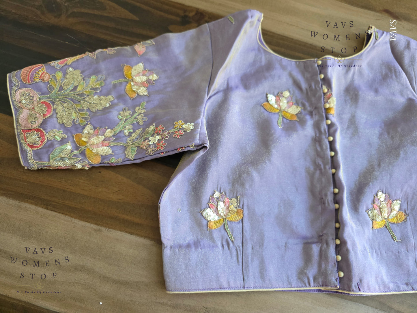 Exclusive Designer Lavender Shade Blouse with Sequins & Peacock Sleeve Embroidery