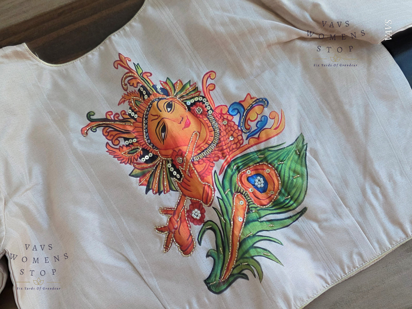 Lord Krishna Digital Print Designer Blouse | Sequence Embroidery & Feather Print on Sleeves |