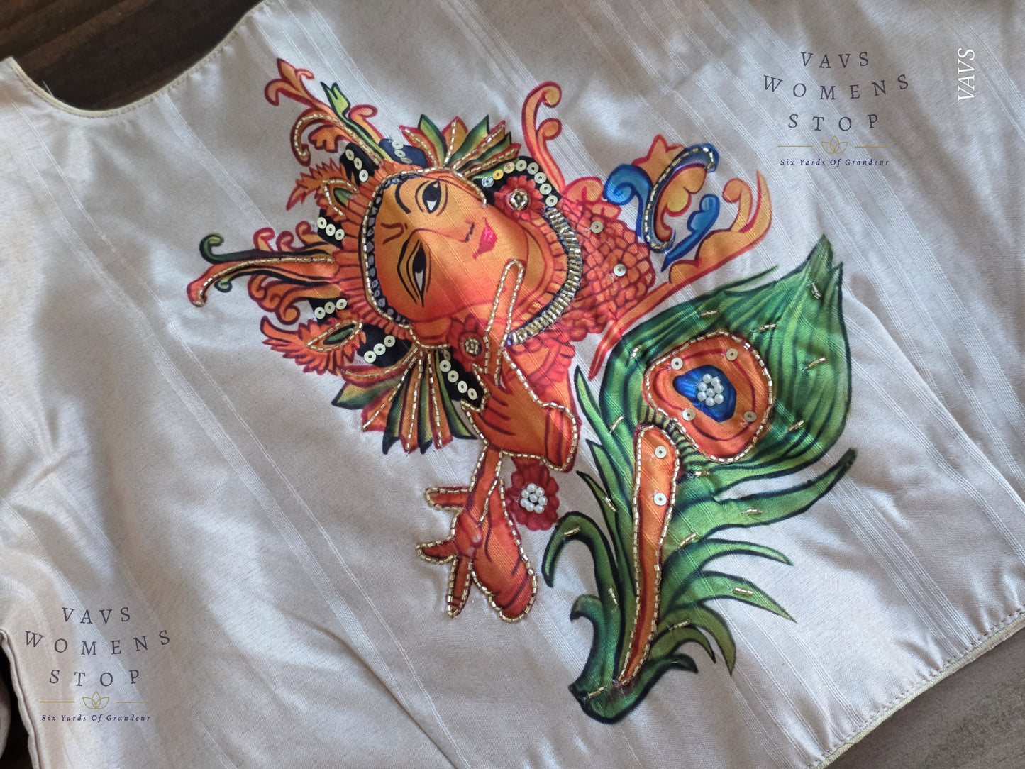 Lord Krishna Digital Print Designer Blouse | Sequence Embroidery & Feather Print on Sleeves |