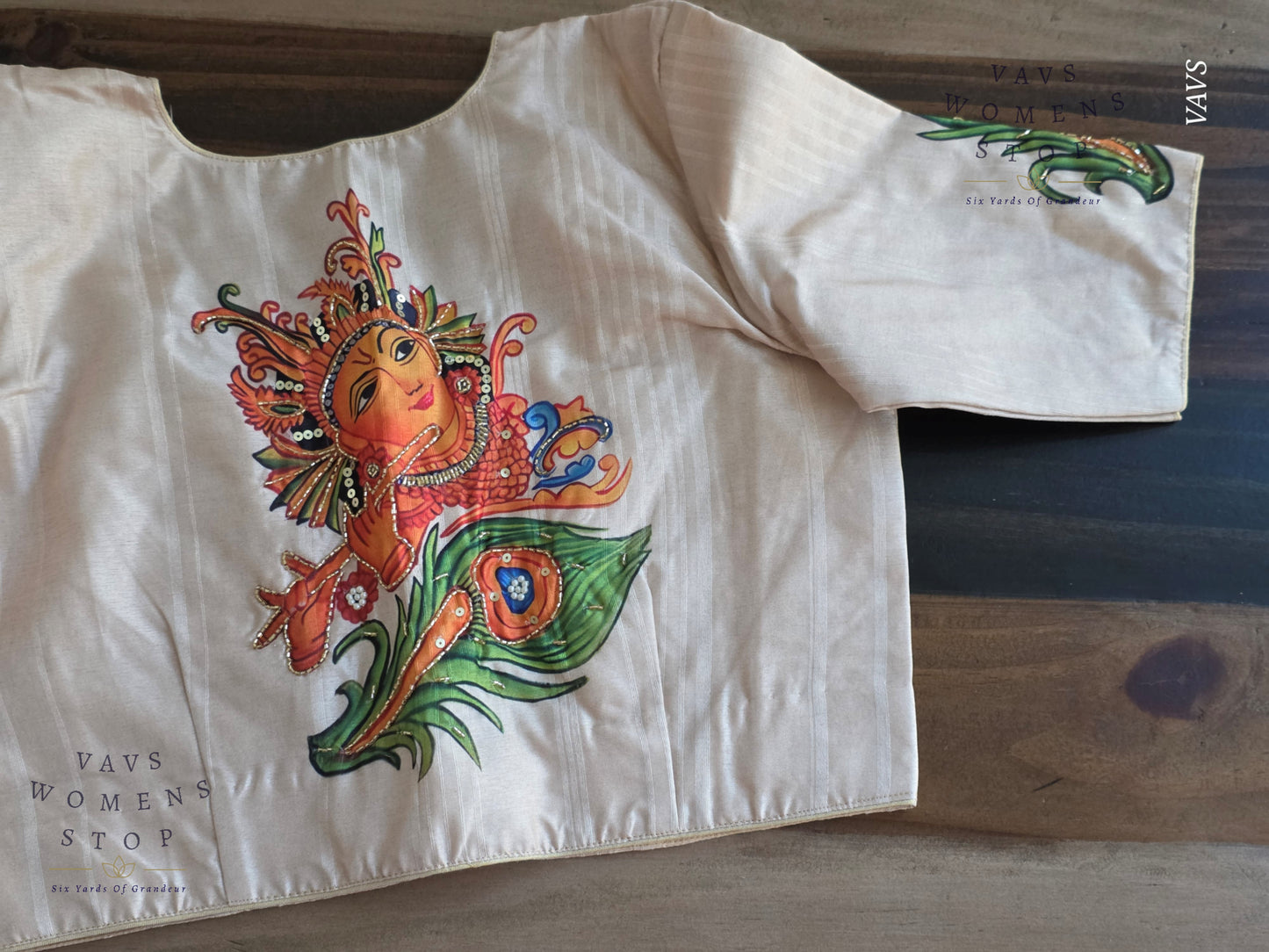 Lord Krishna Digital Print Designer Blouse | Sequence Embroidery & Feather Print on Sleeves