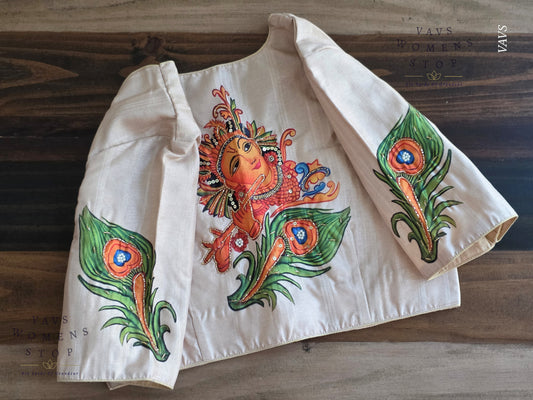 Lord Krishna Digital Print Designer Blouse | Sequence Embroidery & Feather Print on Sleeves
