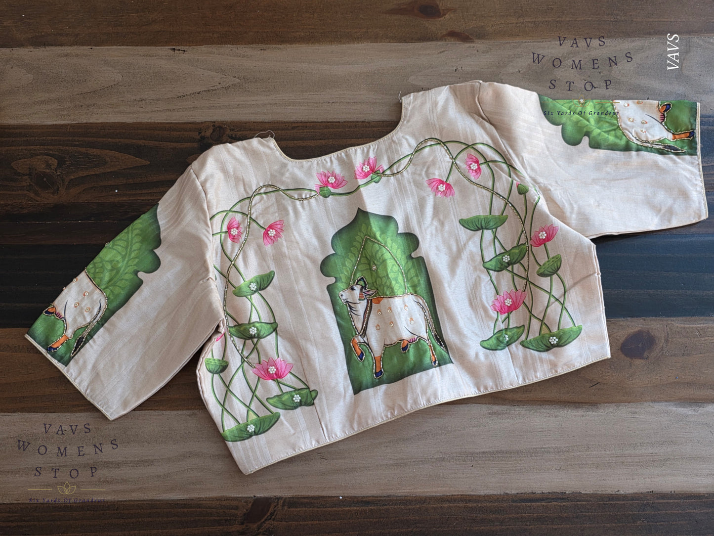 Pichwai Digital Print Designer Blouse | Outline Sequin Embroidery | Premium Ready-to-Wear | VAVS Women’s Stop – Ships from Texas