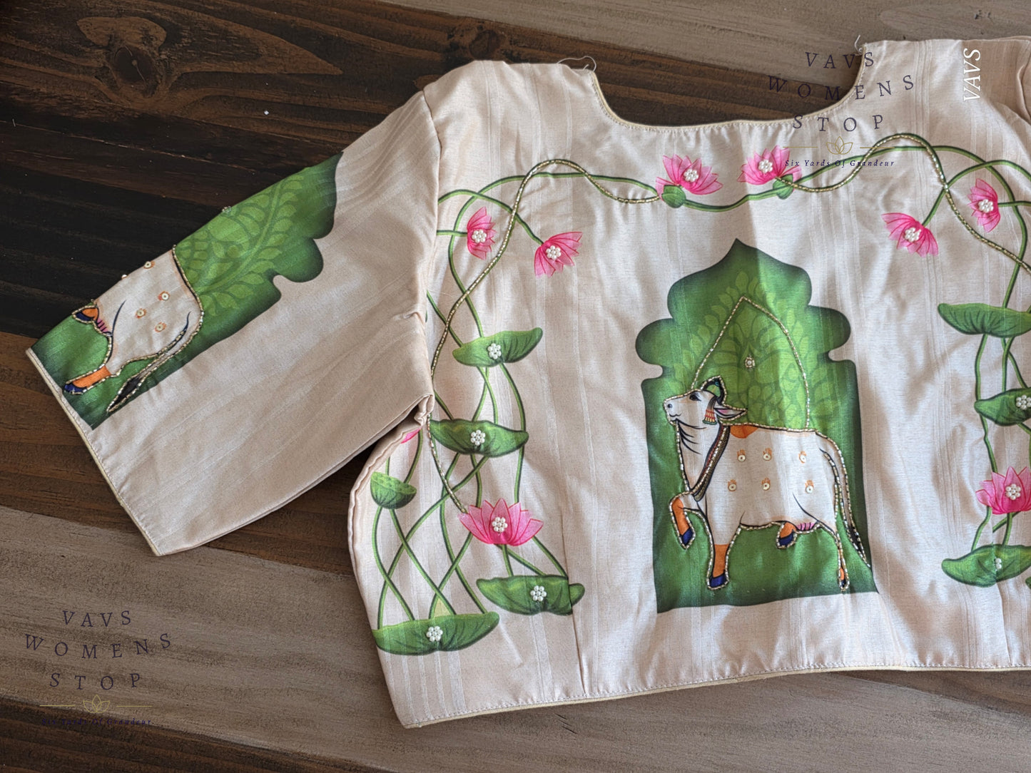 Pichwai Digital Print Designer Blouse | Outline Sequin Embroidery | Premium Ready-to-Wear | VAVS Women’s Stop – Ships from Texas