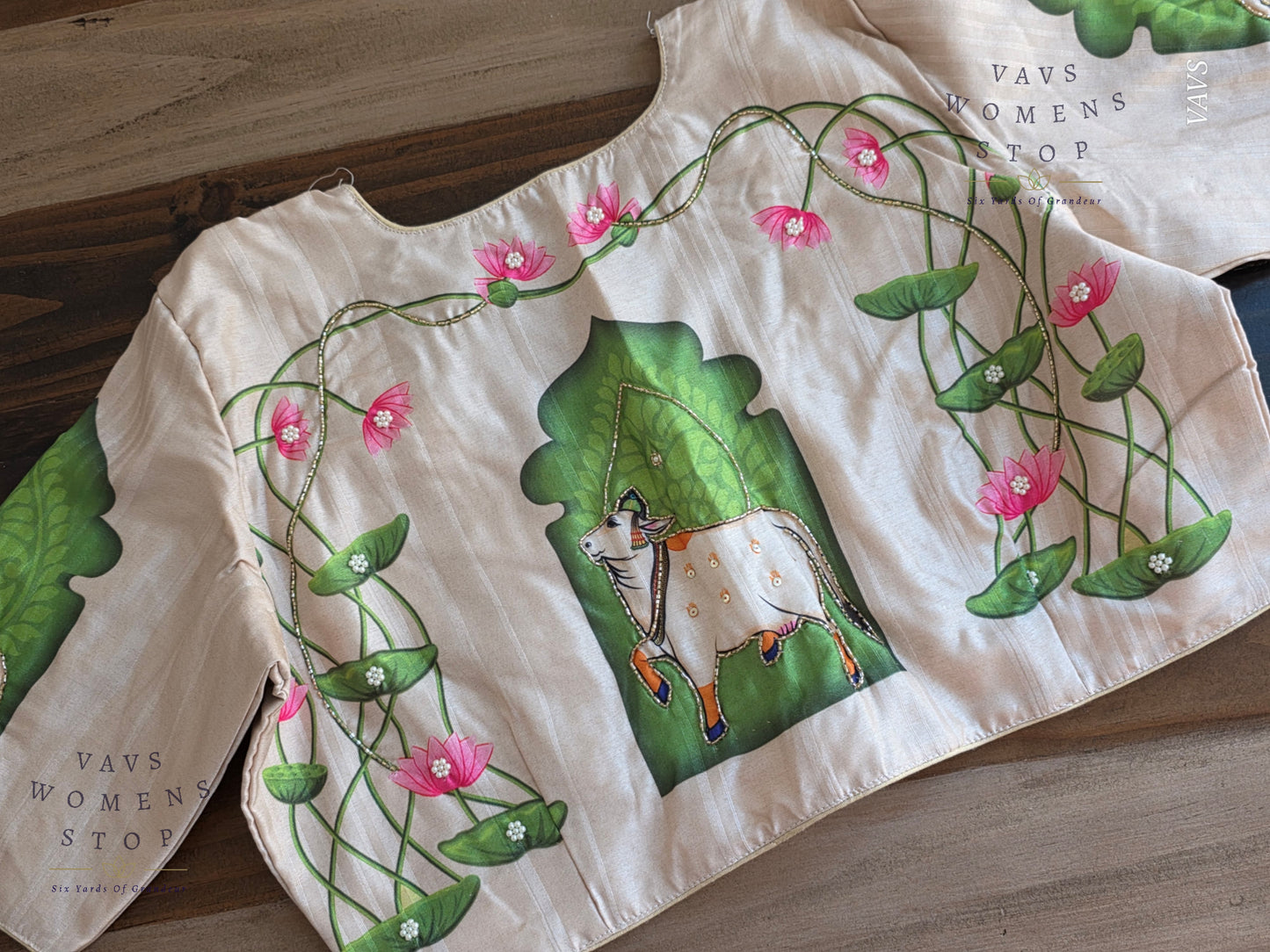 Pichwai Digital Print Designer Blouse | Outline Sequin Embroidery | Premium Ready-to-Wear | VAVS Women’s Stop – Ships from Texas