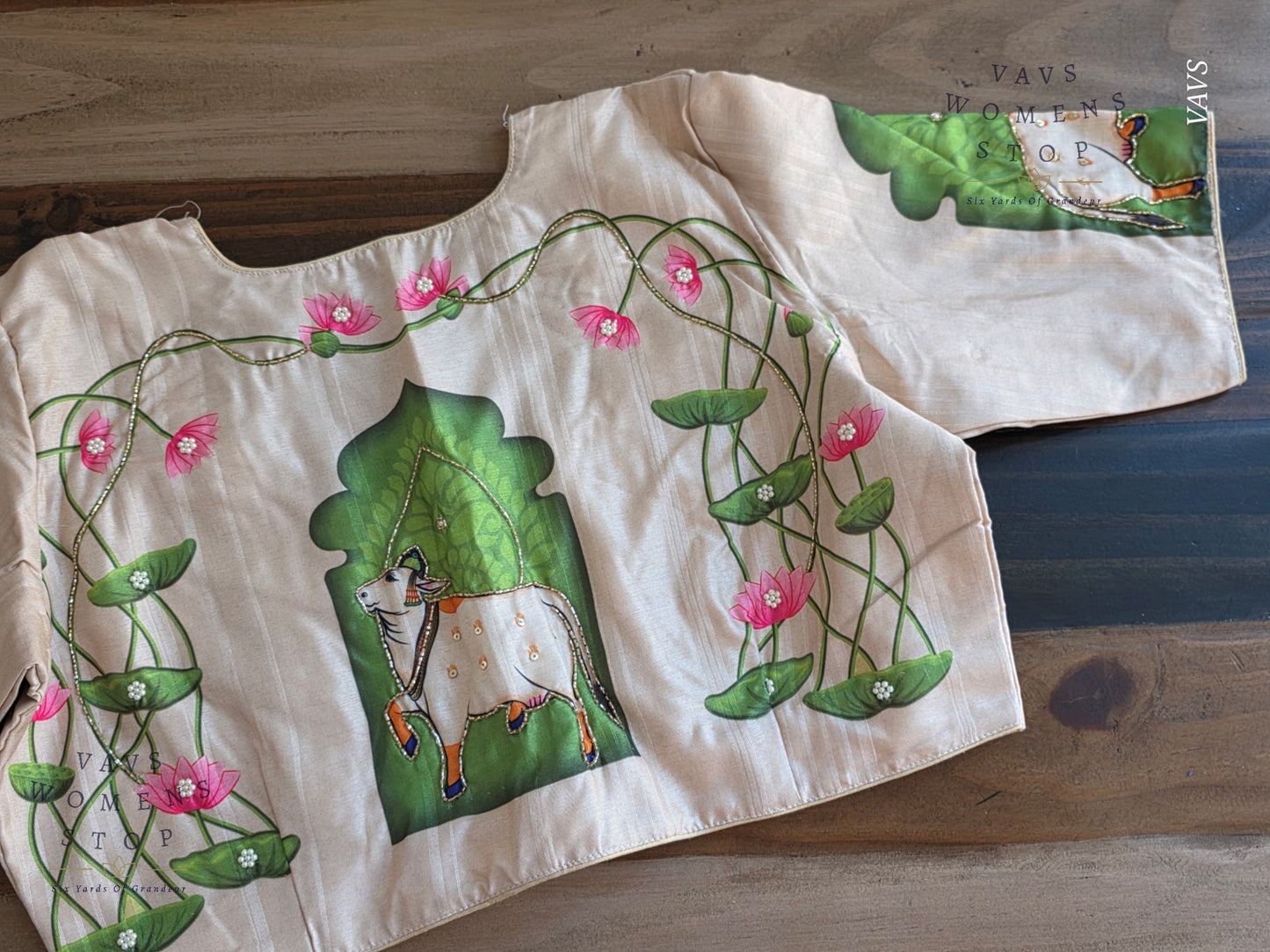 Pichwai Digital Print Designer Blouse | Outline Sequin Embroidery | Premium Ready-to-Wear | VAVS Women’s Stop – Ships from Texas