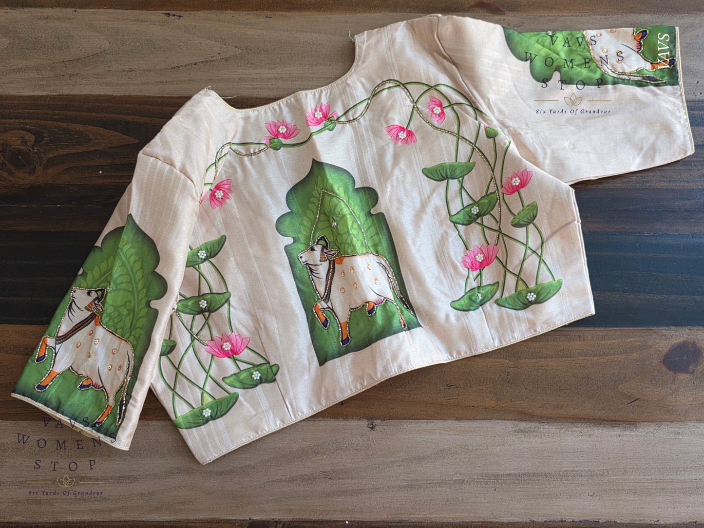 Pichwai Digital Print Designer Blouse | Outline Sequin Embroidery | Premium Ready-to-Wear | VAVS Women’s Stop – Ships from Texas
