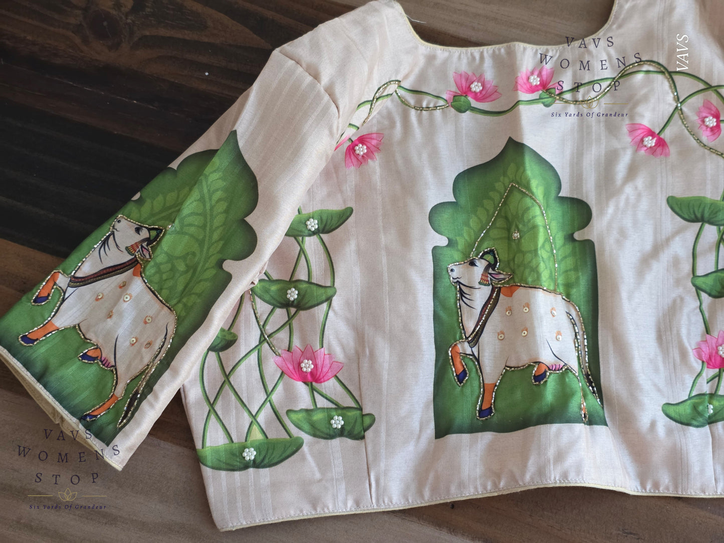 Pichwai Digital Print Designer Blouse | Outline Sequin Embroidery | Premium Ready-to-Wear | VAVS Women’s Stop – Ships from Texas
