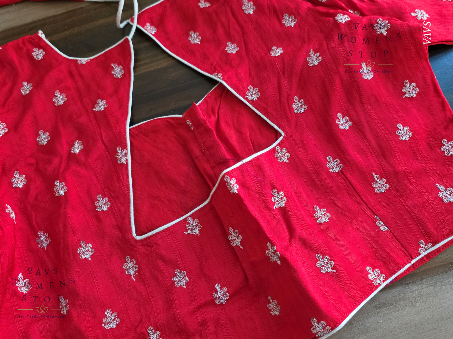Red Soft Raw Silk Embroidered Blouse with Silver Zari Buta