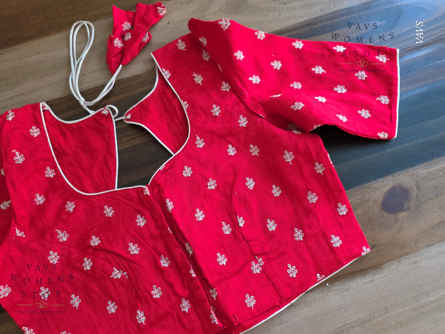 Red Soft Raw Silk Embroidered Blouse with Silver Zari Buta