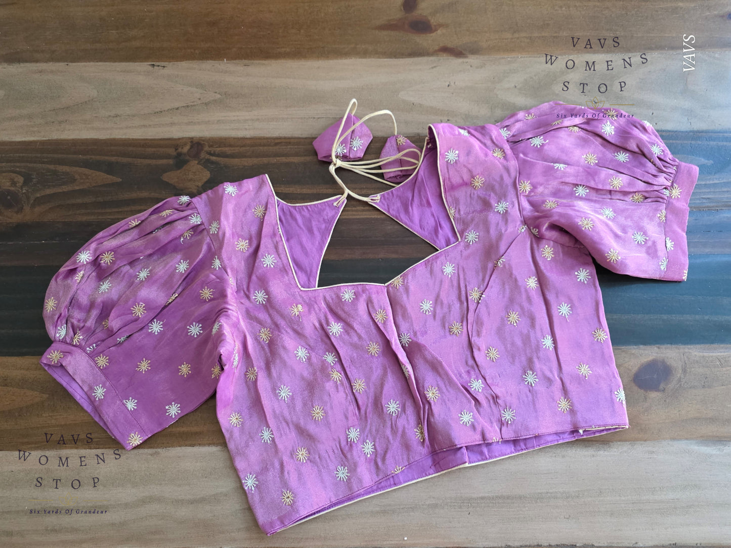 Lavender Shade Tissue Blouse with Puff Sleeves & Star Butta Design | Size 38–44