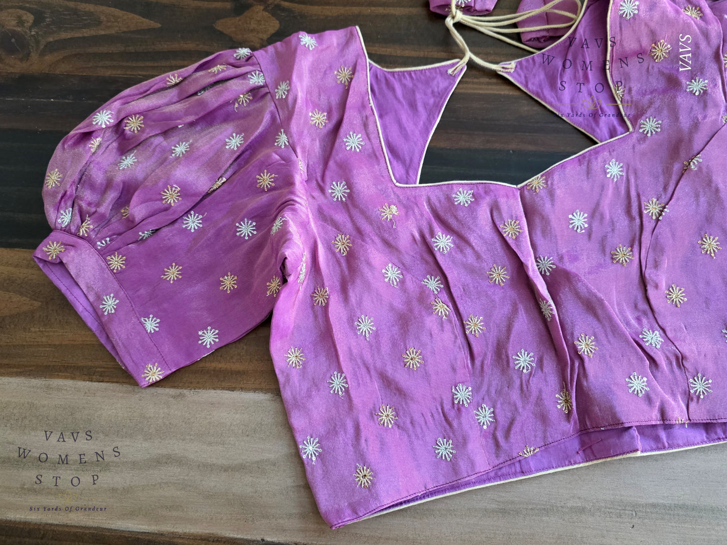 Lavender Shade Tissue Blouse with Puff Sleeves & Star Butta Design | Size 38–44