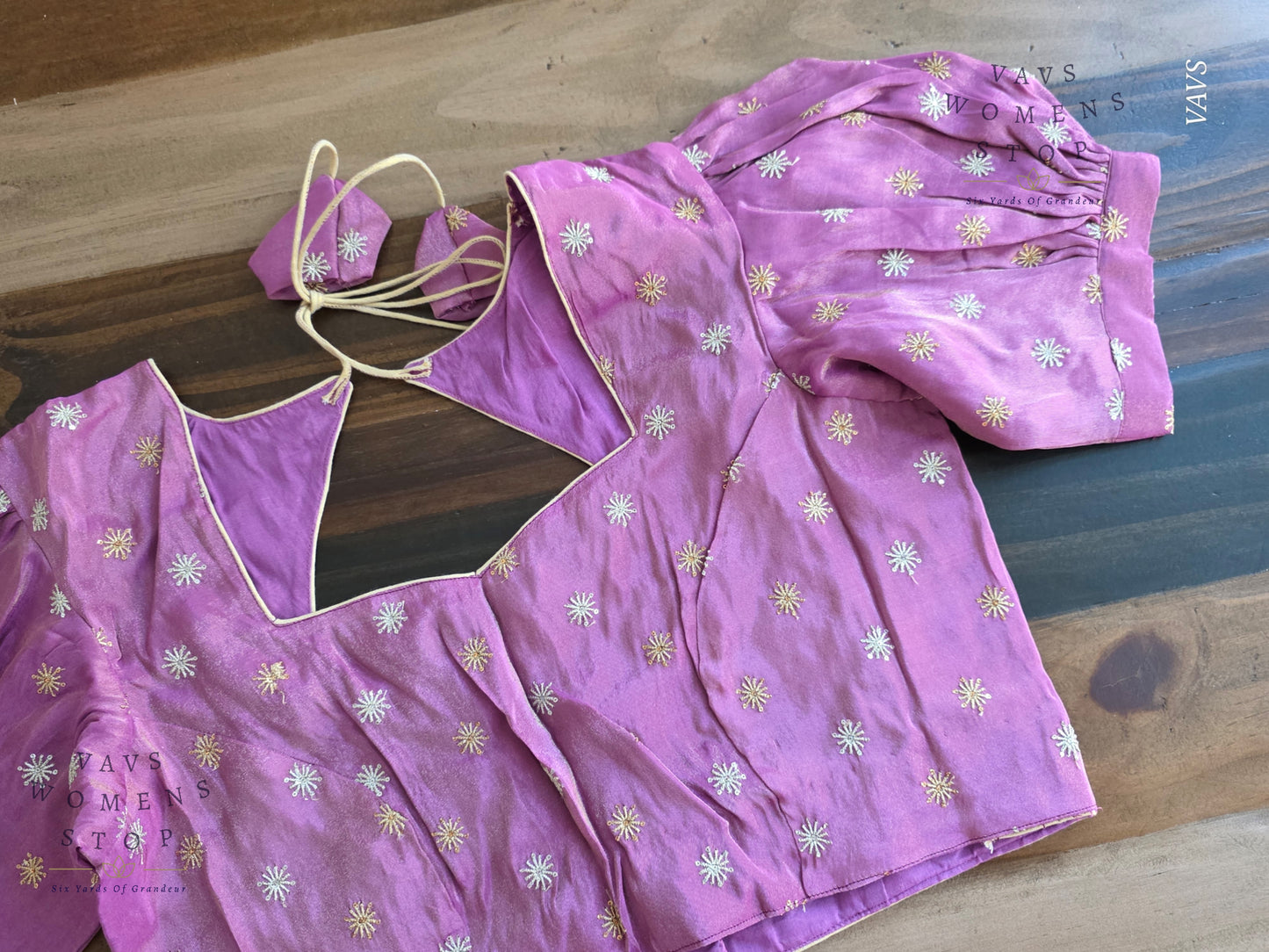 Lavender Shade Tissue Blouse with Puff Sleeves & Star Butta Design | Size 38–44