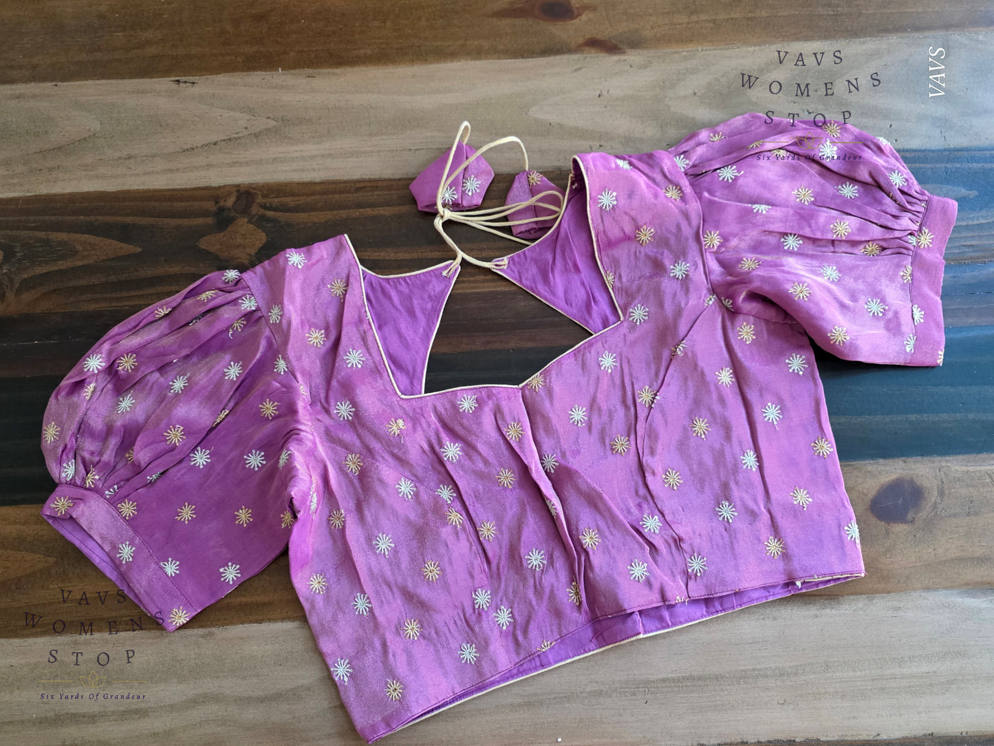 Lavender Shade Tissue Blouse with Puff Sleeves & Star Butta Design | Size 38–44