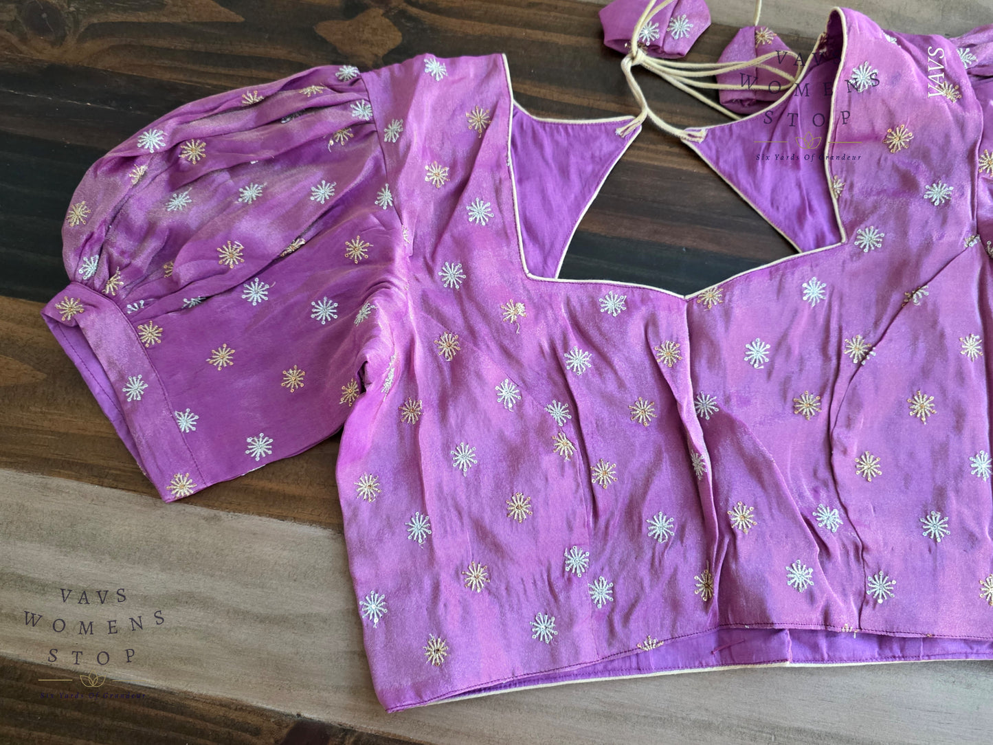 Lavender Shade Tissue Blouse with Puff Sleeves & Star Butta Design | Size 38–44