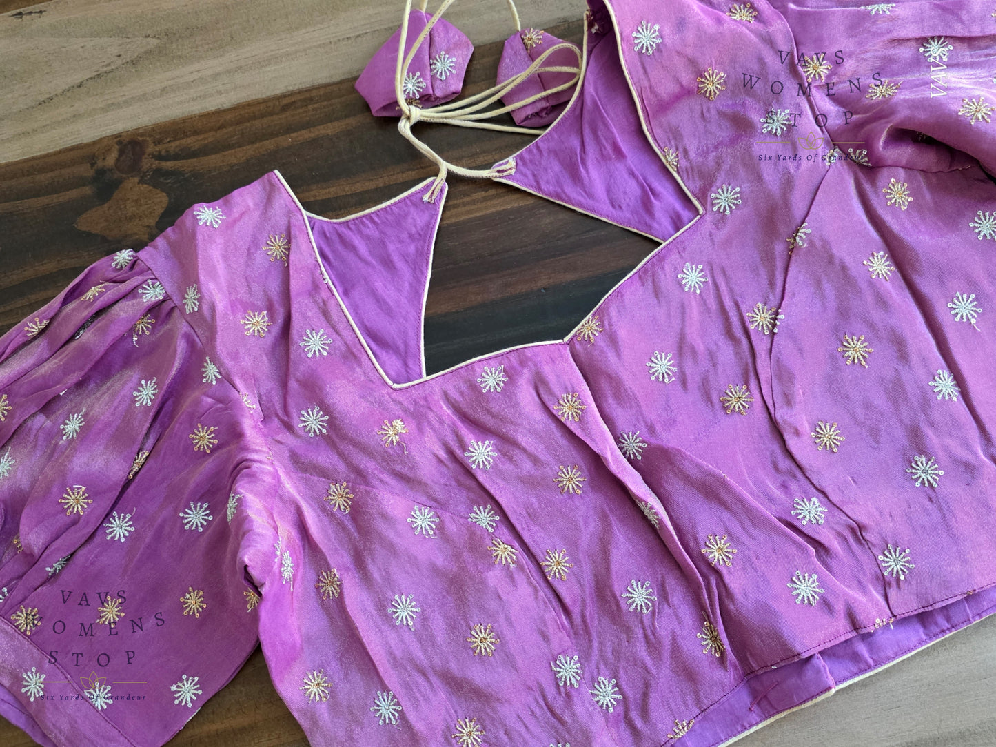 Lavender Shade Tissue Blouse with Puff Sleeves & Star Butta Design | Size 38–44