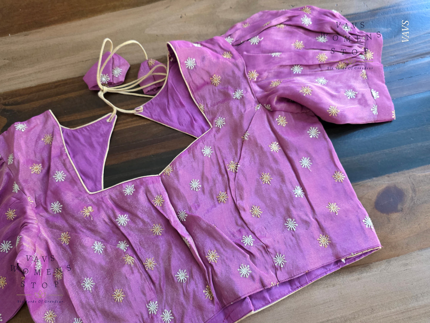 Lavender Shade Tissue Blouse with Puff Sleeves & Star Butta Design | Size 38–44