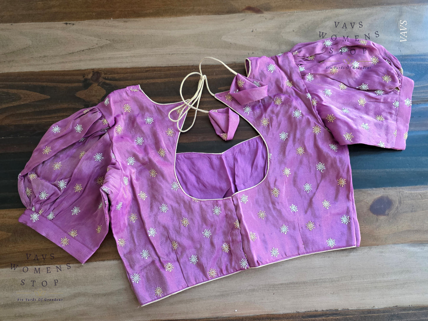 Lavender Shade Tissue Blouse with Puff Sleeves & Star Butta Design | Size 38–44