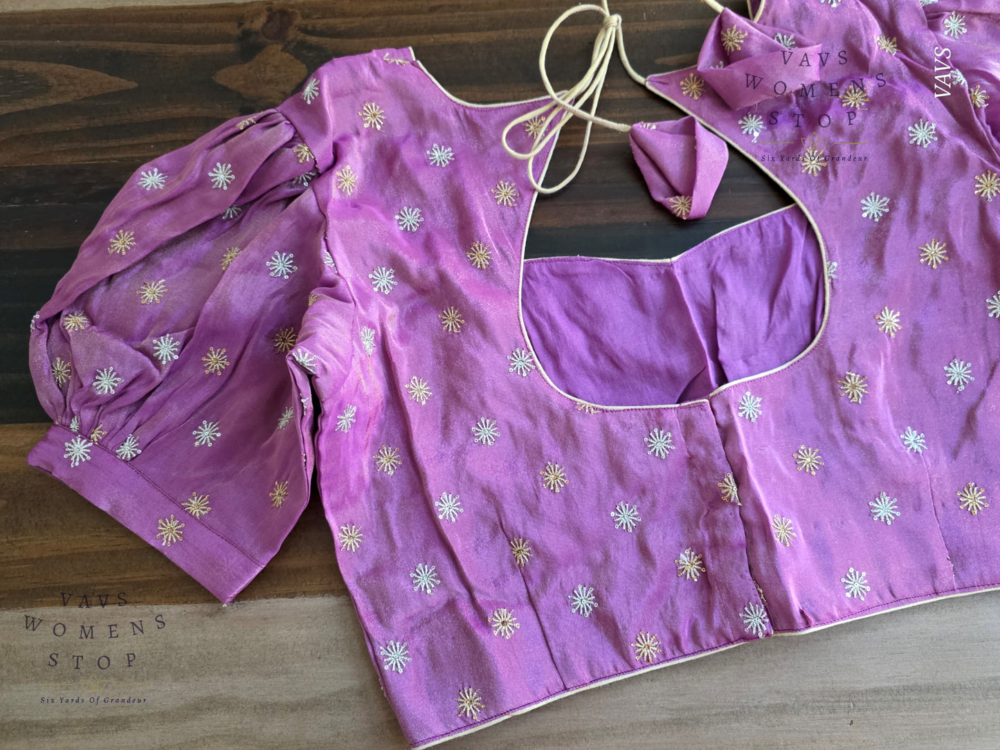 Lavender Shade Tissue Blouse with Puff Sleeves & Star Butta Design | Size 38–44