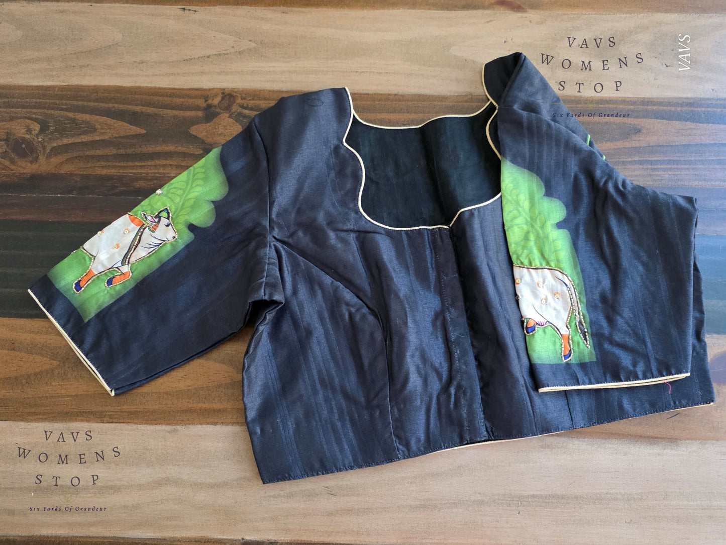 Pichwai Digital Print Designer Blouse | Outline Sequin Embroidery | Premium Ready-to-Wear | VAVS Women’s Stop – Ships from Texas