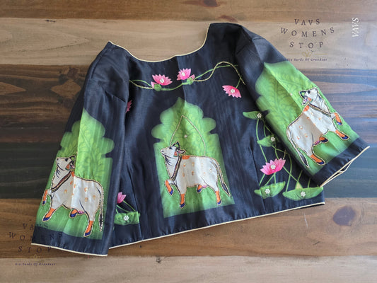 Pichwai Digital Print Designer Blouse | Outline Sequin Embroidery | Premium Ready-to-Wear | VAVS Women’s Stop – Ships from Texas