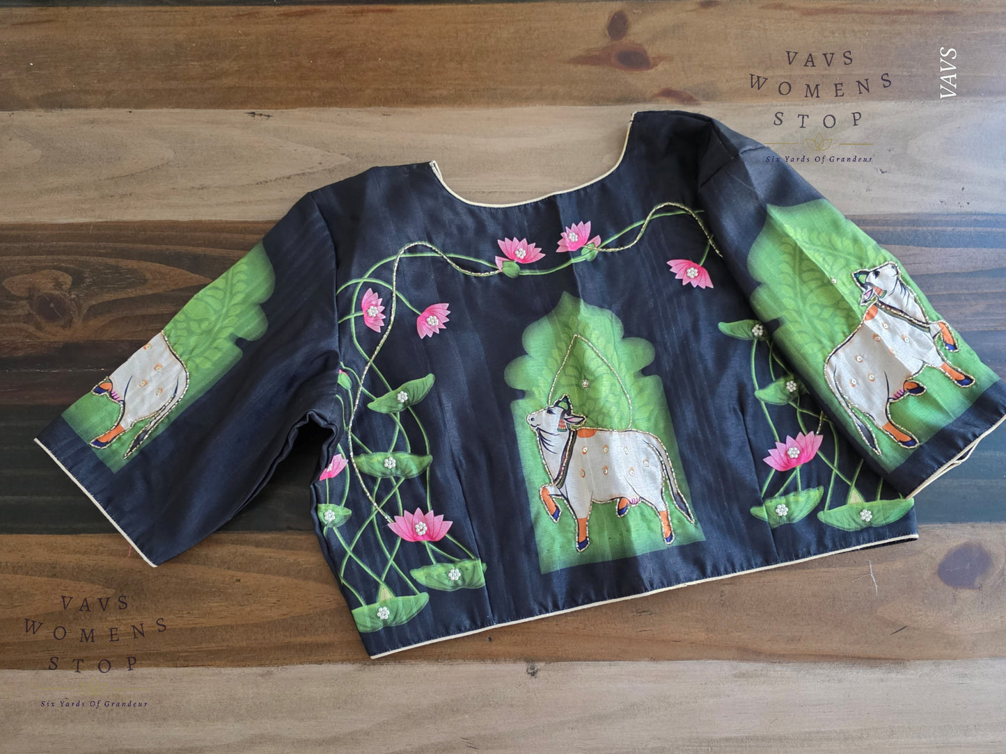 Pichwai Digital Print Designer Blouse | Outline Sequin Embroidery | Premium Ready-to-Wear | VAVS Women’s Stop – Ships from Texas
