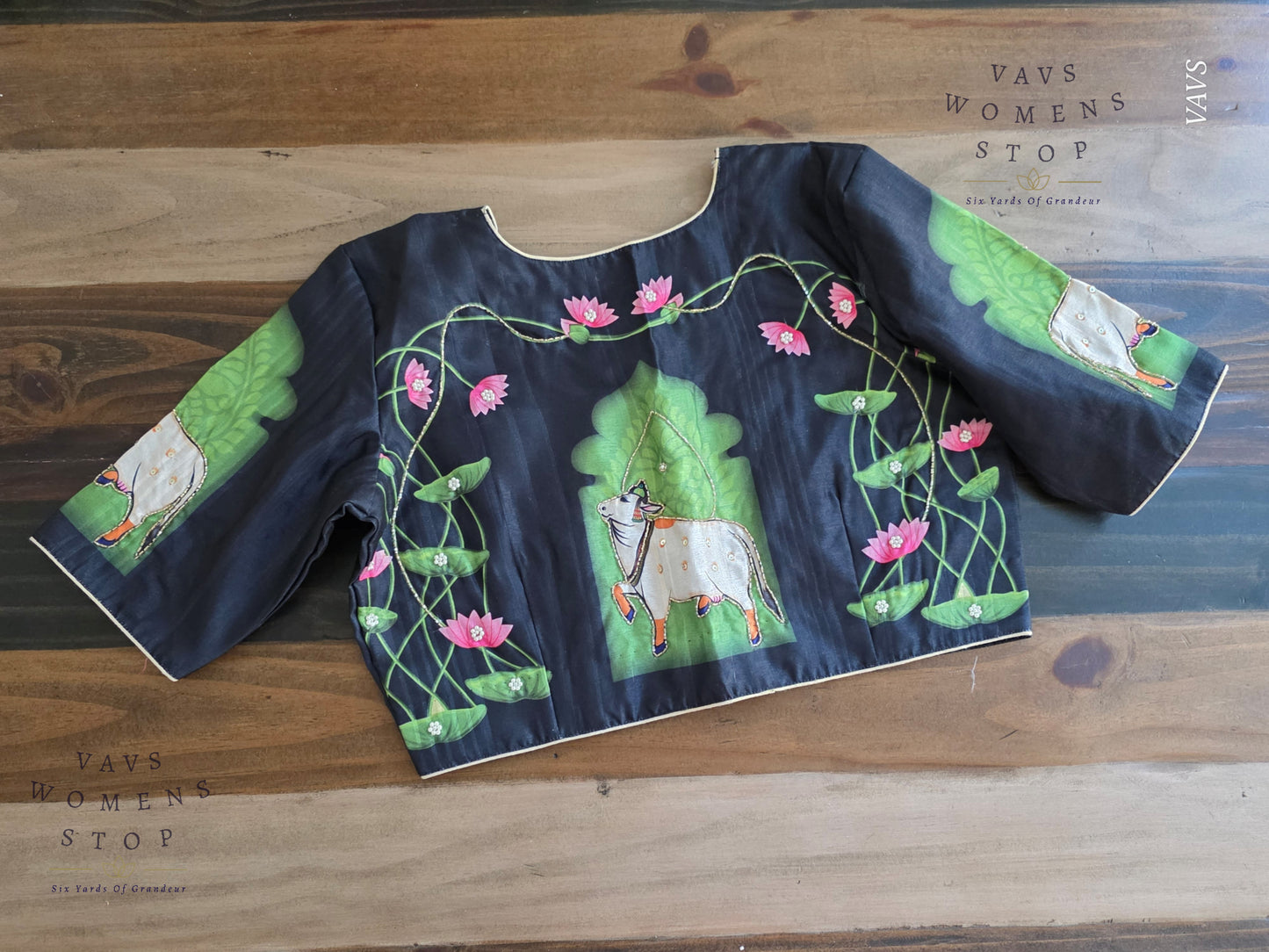 Pichwai Digital Print Designer Blouse | Outline Sequin Embroidery | Premium Ready-to-Wear | VAVS Women’s Stop – Ships from Texas