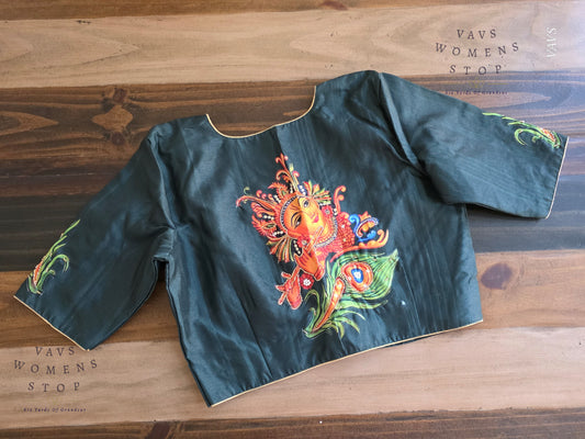 Green Shade Lord Krishna Digital Print Designer Blouse | Sequence Embroidery & Feather Print on Sleeves |