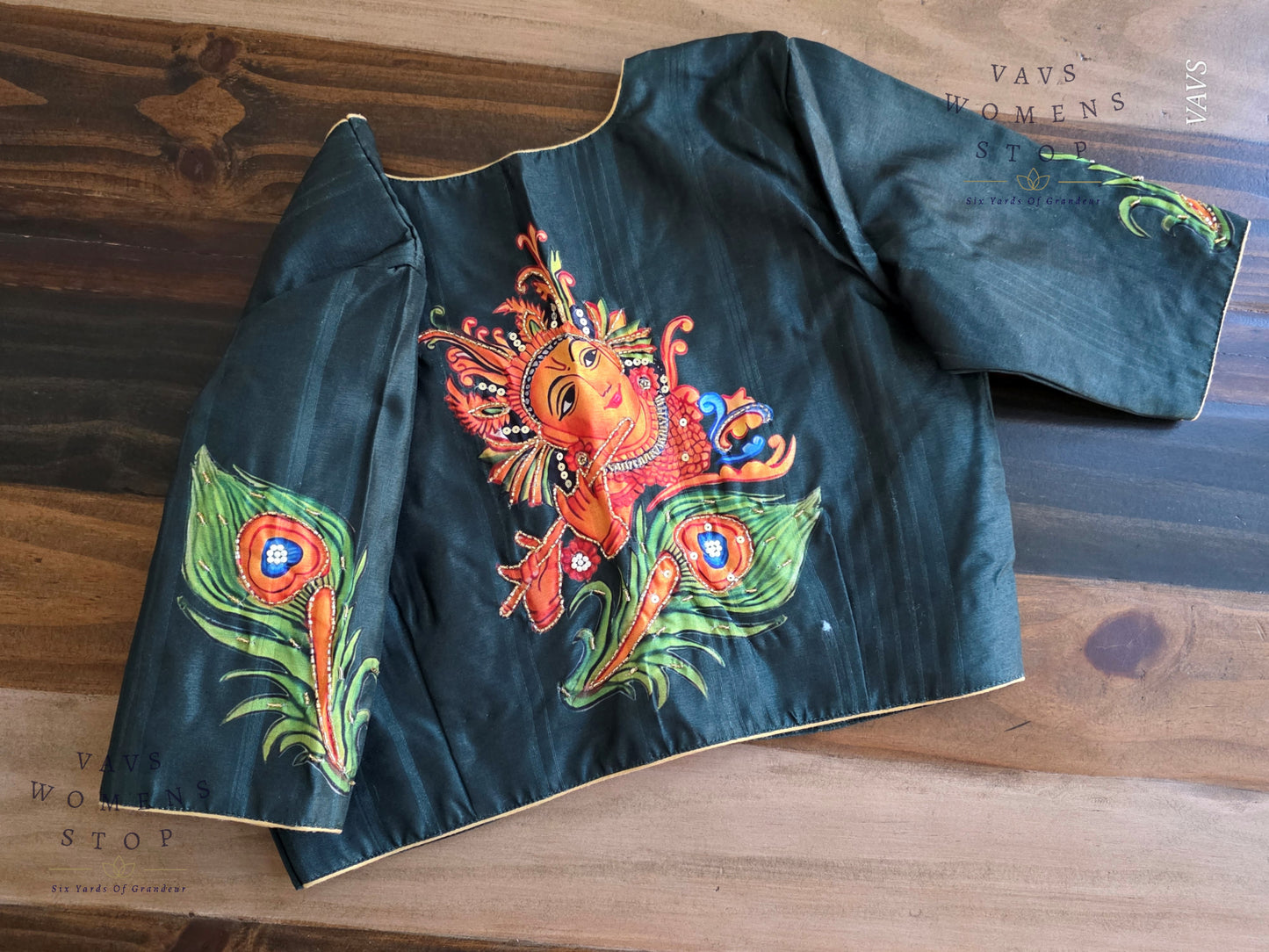 Green Shade Lord Krishna Digital Print Designer Blouse | Sequence Embroidery & Feather Print on Sleeves |