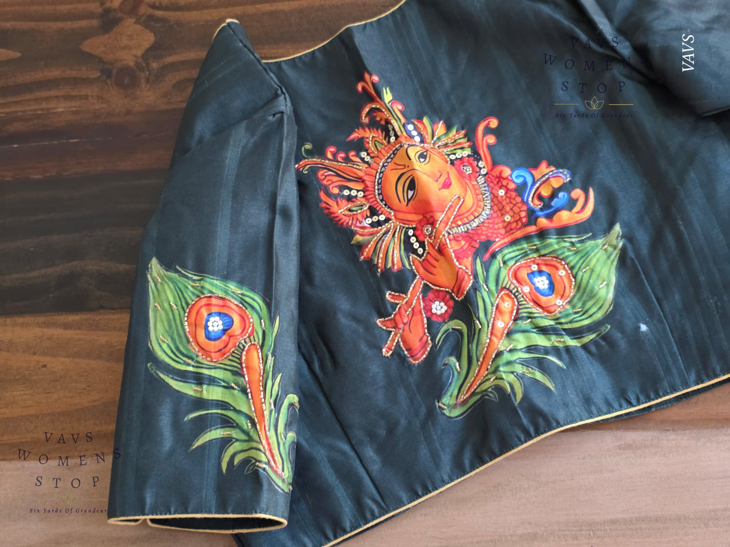Green Shade Lord Krishna Digital Print Designer Blouse | Sequence Embroidery & Feather Print on Sleeves |