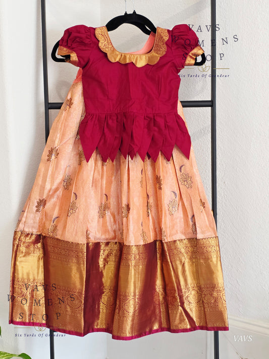 Semi Kanchi Pattu Silk Lehenga Set for Girls – Traditional Pavadai for Ages 3 to 4 | Ready to Ship from USA