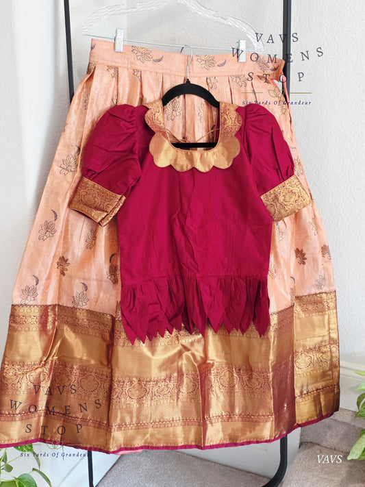Semi Kanchi Pattu Silk Lehenga Set for Girls – Traditional Pavadai for Ages 11 to 12 | Ready to Ship from USA