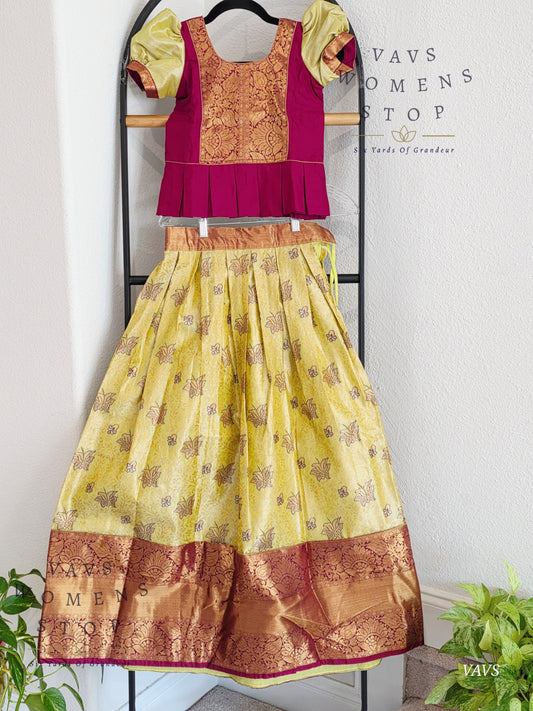 Semi Kanchi Pattu Silk Lehenga Set for Girls – Traditional Pavadai for Ages 7 to 8 | Ready to Ship from USA