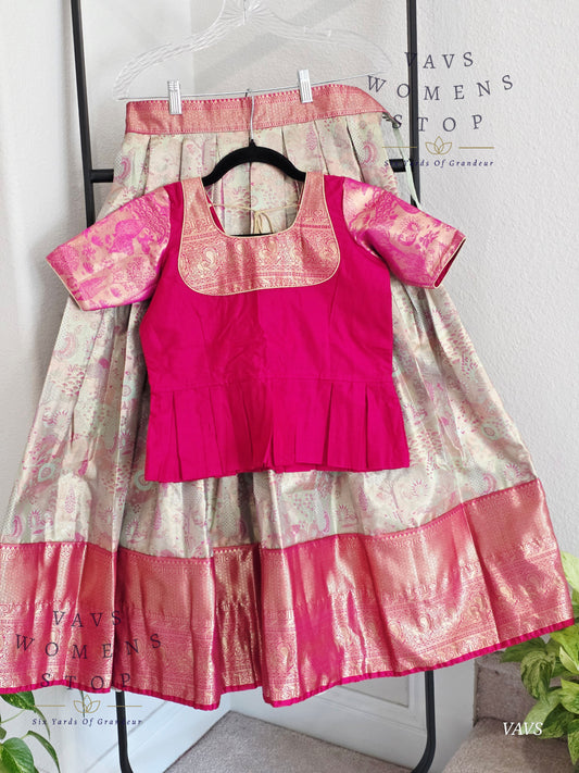 Semi Kanchi Pattu Silk Lehenga Set for Girls – Traditional Pavadai for Ages 9 to 10 | Ready to Ship from USA