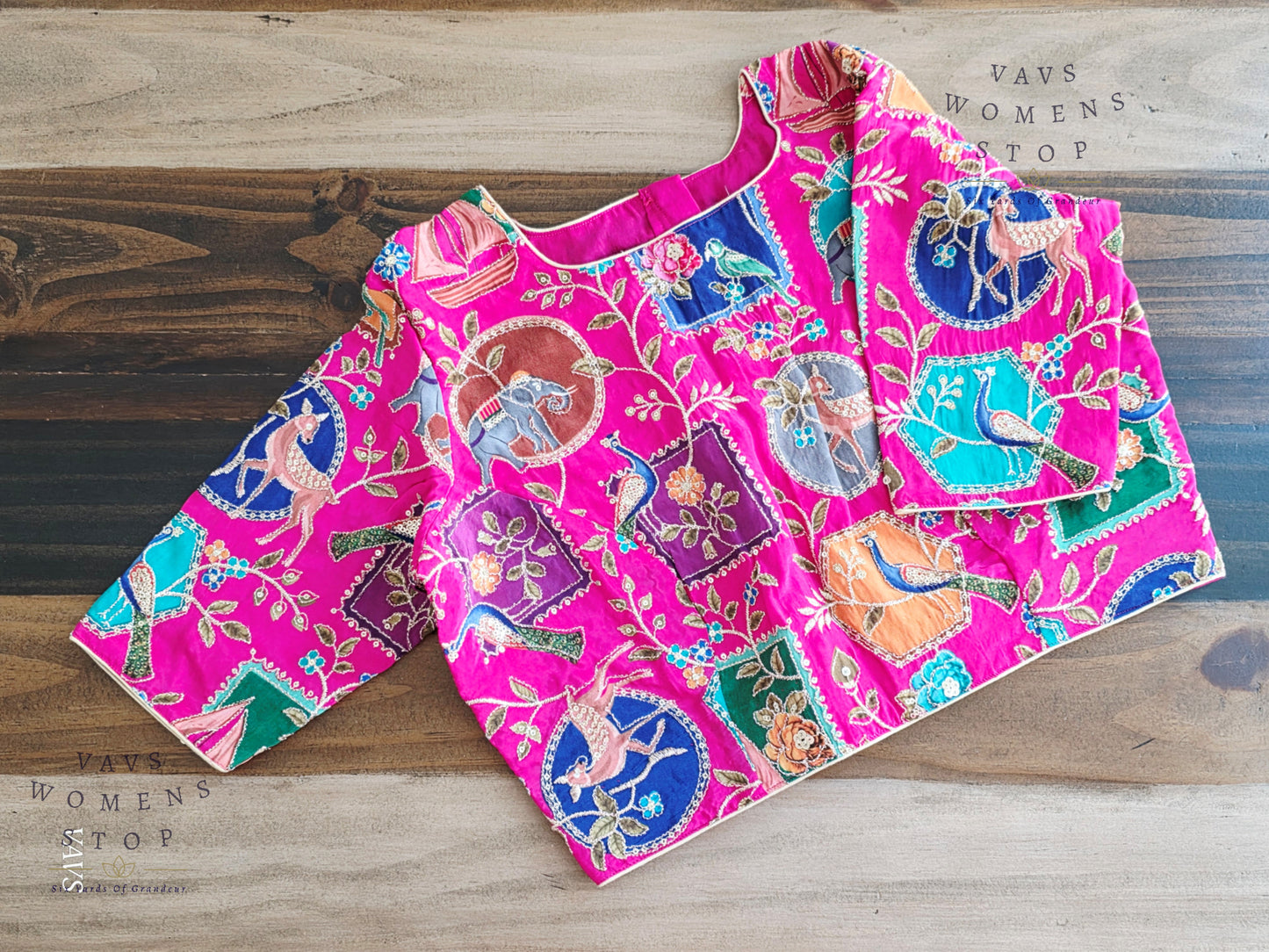 Pink Chinon Silk Designer Embroidered Blouse | Premium Ready-to-Wear Saree Blouse | VAVS Women’s Stop – Ships from Texas