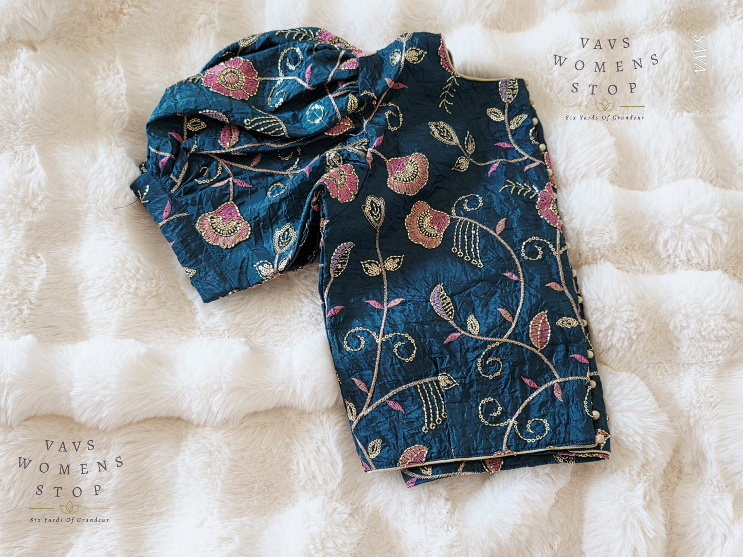 Teal Blue Crushed Silk Puff Sleeves Embroidered Blouse